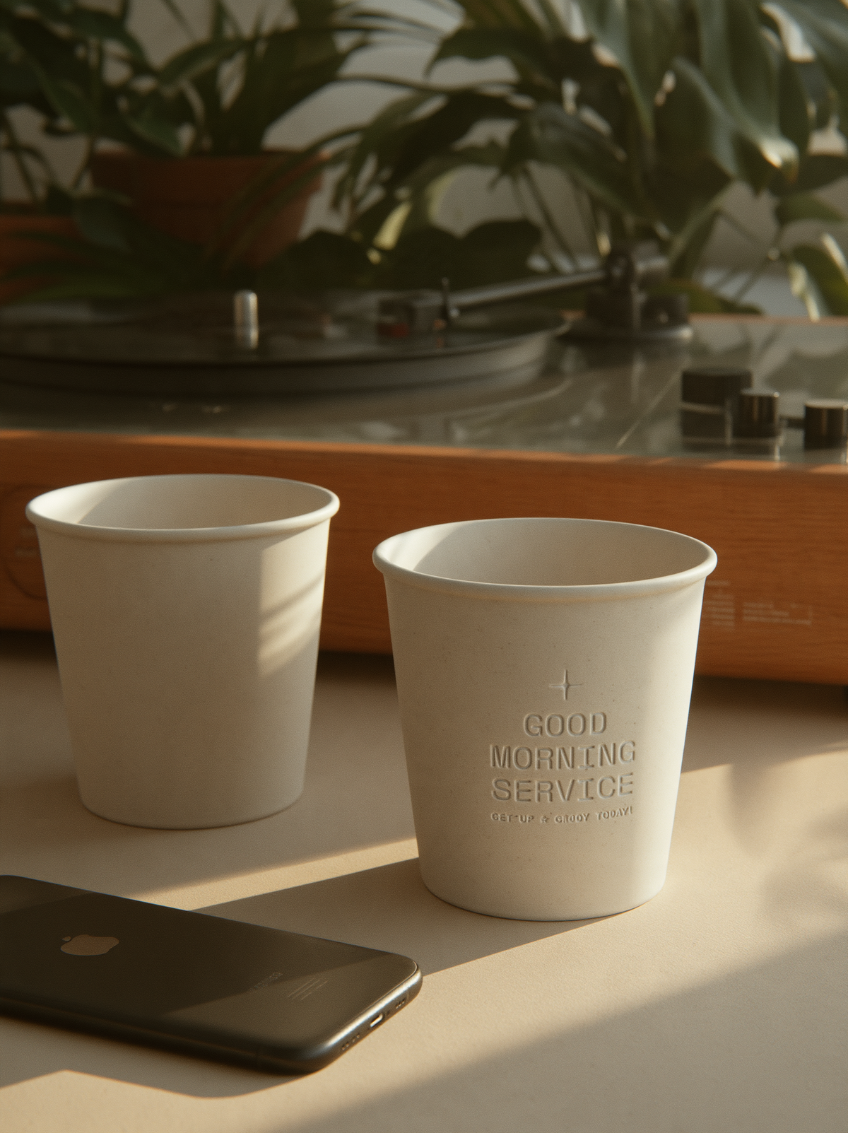 Coffee cups beside a record player, phone face-down