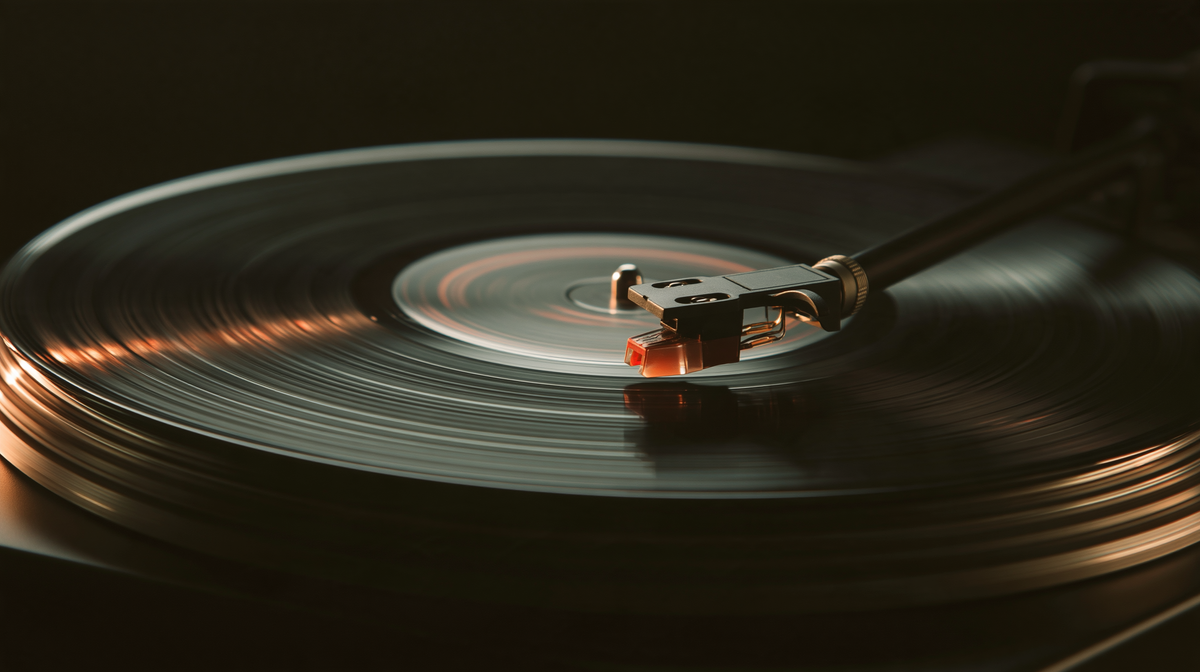 Vinyl record spinning on a turntable in black and white